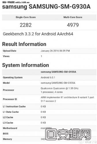 三星Galaxy S7骁龙820版跑分曝光：不敌小米5