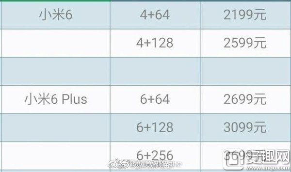 小米6全系價格疑似泄露